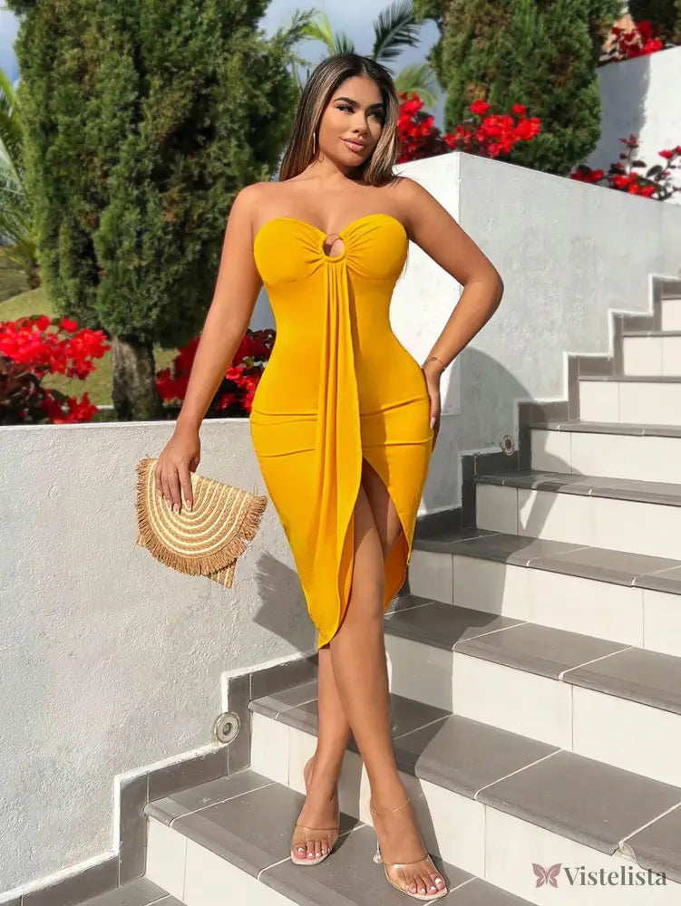 Vestido Curto Tomara Que Caia Assimétrico Com Fenda Vestido Curto Tomara Que Caia Assimétrico Com Fenda