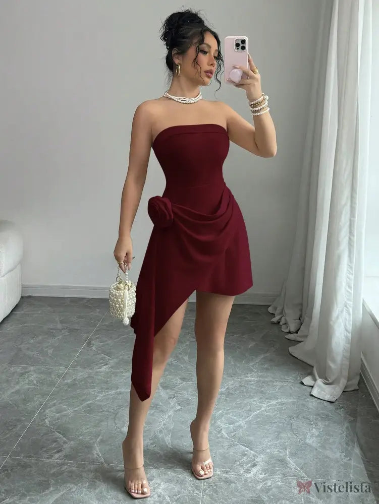 Vestido Curto Tomara Que Caia Assimétrico Com Flor Na Cintura Vestido Curto Tomara Que Caia Assimétrico Com Flor Na