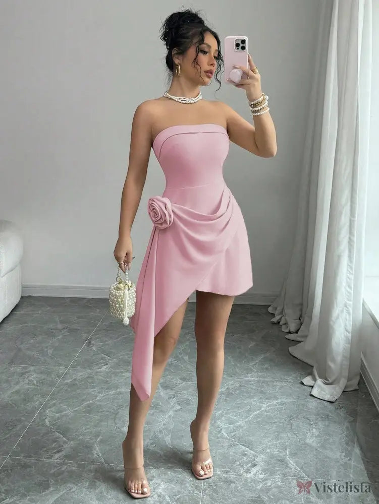 Vestido Curto Tomara Que Caia Assimétrico Com Flor Na Cintura Vestido Curto Tomara Que Caia Assimétrico Com Flor Na