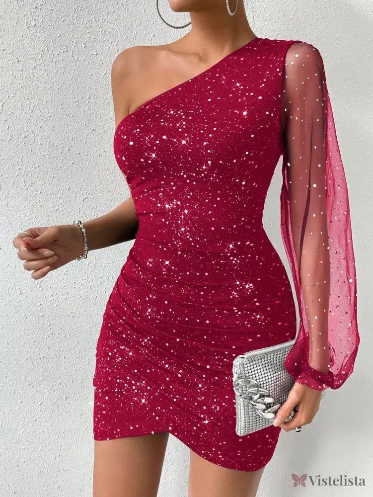 Vestido Curto Um Ombro Só Com Manga Longa Transparente Vestido Curto Um Ombro Só Com Manga Longa Transparente