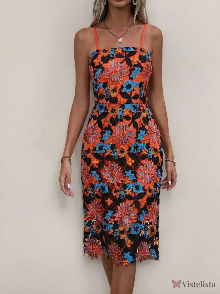 Vestido Elegante De Renda Com Transparência Floral Midi Vestido Elegante De Renda Com Transparência Floral Midi