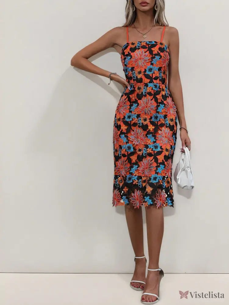 Vestido Elegante De Renda Com Transparência Floral Midi Vestido Elegante De Renda Com Transparência Floral Midi