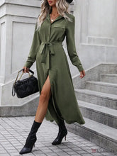 Vestido Longo Camisa Feminino Manga Longa Elegante Verde Escuro / PP Vestido Longo Camisa Feminino Manga Longa Elegante