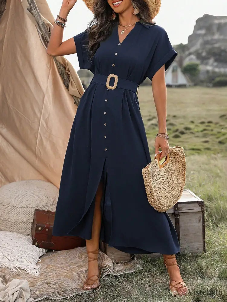 Vestido Longo Chemise Com Botões E Cinto Ajustável Vestido Longo Chemise Com Botões E Cinto Ajustável