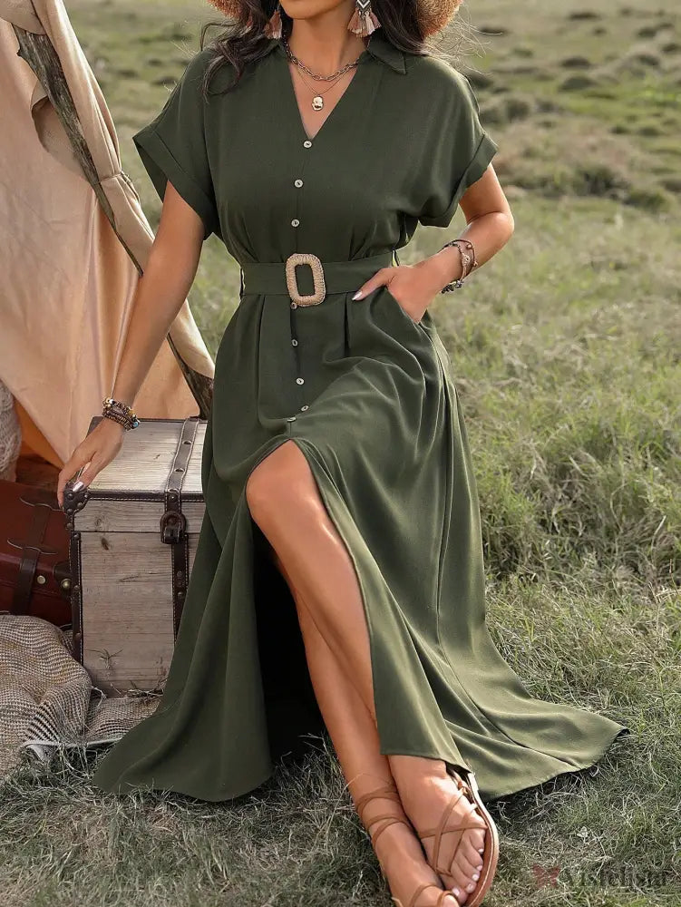 Vestido Longo Chemise Com Botões E Cinto Ajustável Vestido Longo Chemise Com Botões E Cinto Ajustável