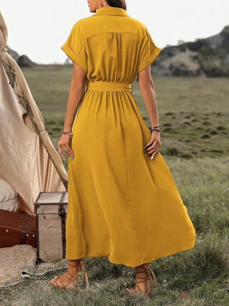 Vestido Longo Chemise Com Botões E Cinto Ajustável Vestido Longo Chemise Com Botões E Cinto Ajustável