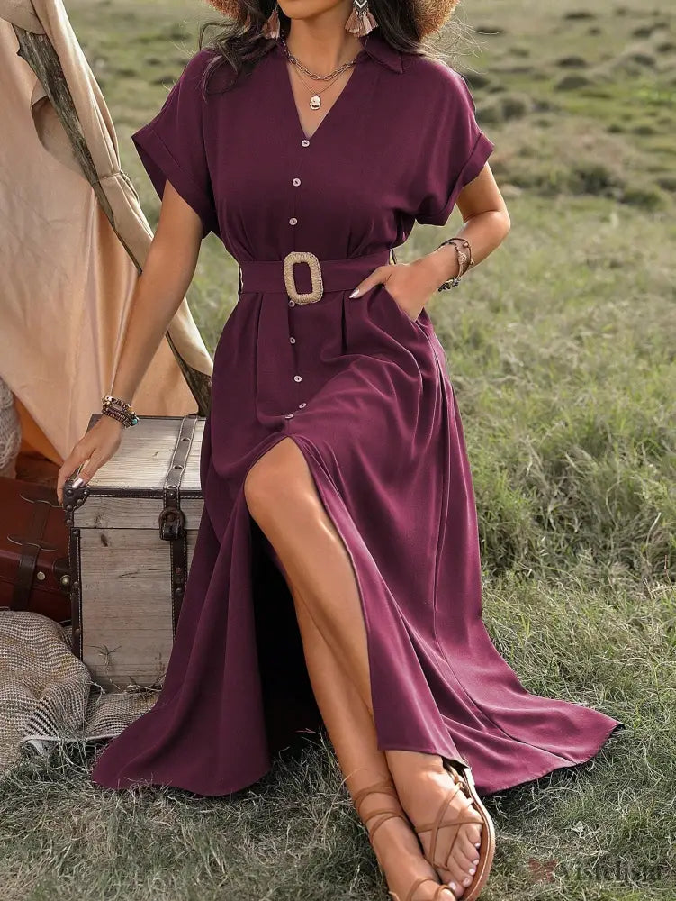Vestido Longo Chemise Com Botões E Cinto Ajustável Vestido Longo Chemise Com Botões E Cinto Ajustável