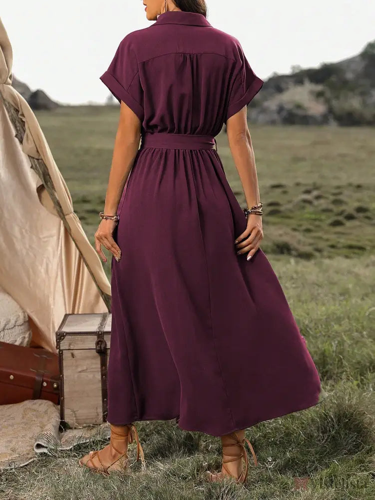 Vestido Longo Chemise Com Botões E Cinto Ajustável Vestido Longo Chemise Com Botões E Cinto Ajustável