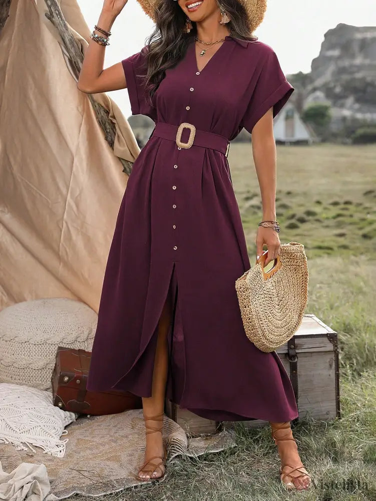 Vestido Longo Chemise Com Botões E Cinto Ajustável Vestido Longo Chemise Com Botões E Cinto Ajustável