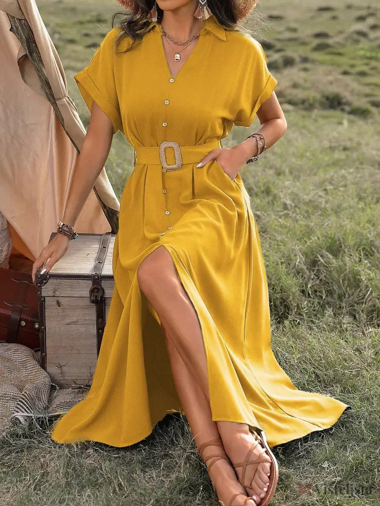 Vestido Longo Chemise Com Botões E Cinto Ajustável Vestido Longo Chemise Com Botões E Cinto Ajustável