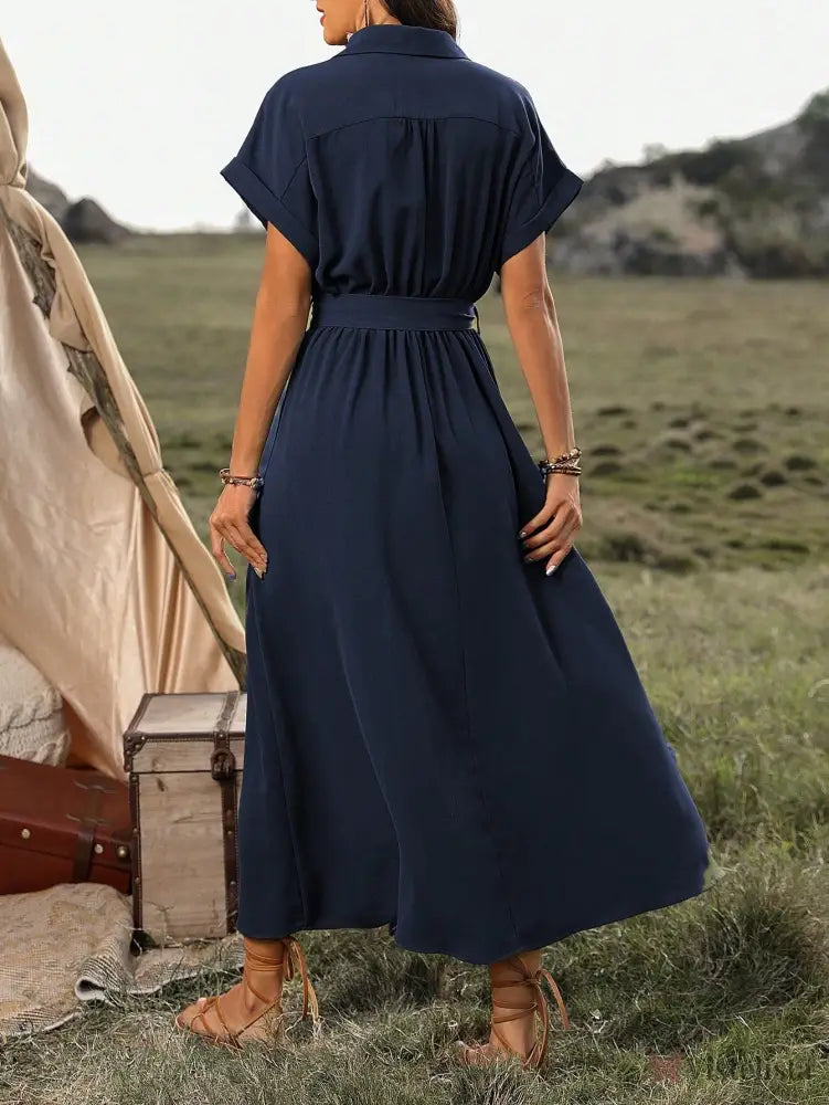 Vestido Longo Chemise Com Botões E Cinto Ajustável Vestido Longo Chemise Com Botões E Cinto Ajustável