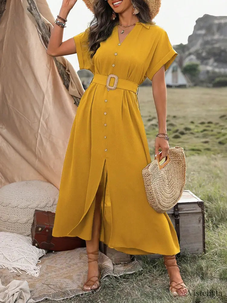 Vestido Longo Chemise Com Botões E Cinto Ajustável Vestido Longo Chemise Com Botões E Cinto Ajustável