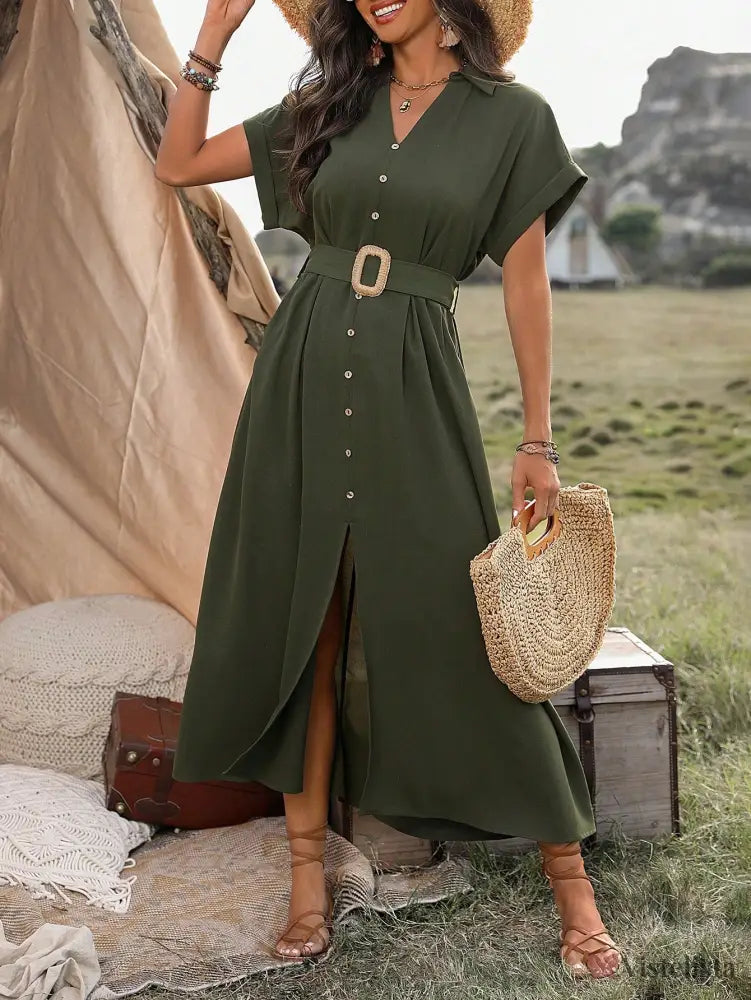 Vestido Longo Chemise Com Botões E Cinto Ajustável Vestido Longo Chemise Com Botões E Cinto Ajustável