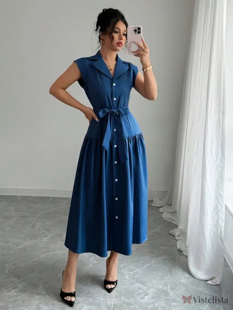 Vestido Longo Chemise Com Botões E Faixa Na Cintura Vestido Longo Chemise Com Botões E Faixa Na Cintura