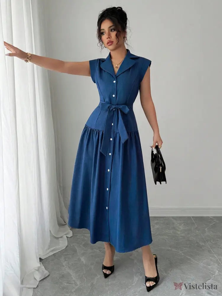 Vestido Longo Chemise Com Botões E Faixa Na Cintura Vestido Longo Chemise Com Botões E Faixa Na Cintura