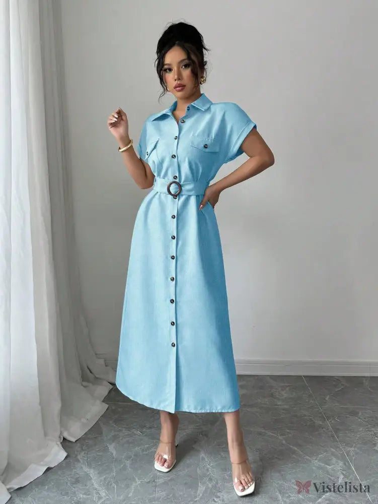 Vestido Longo Chemise Com Cinto De Fivela Elegante Vestido Longo Chemise Com Cinto De Fivela Elegante