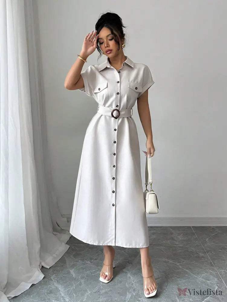 Vestido Longo Chemise Com Cinto De Fivela Elegante Vestido Longo Chemise Com Cinto De Fivela Elegante