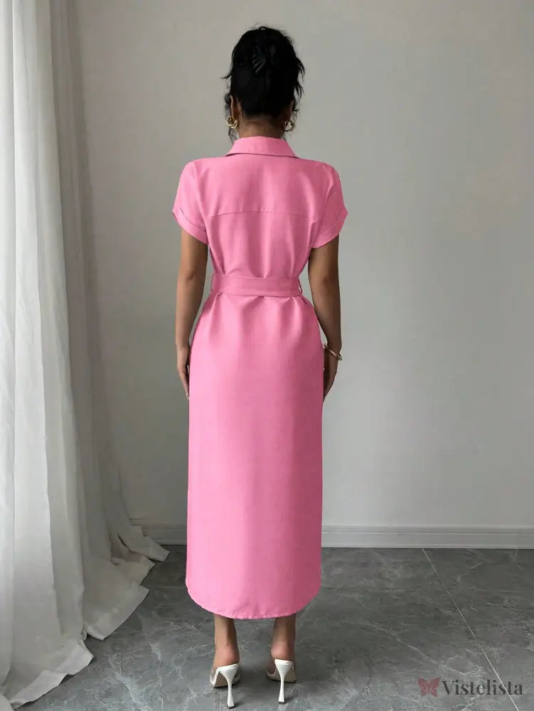Vestido Longo Chemise Com Cinto De Fivela Elegante Vestido Longo Chemise Com Cinto De Fivela Elegante