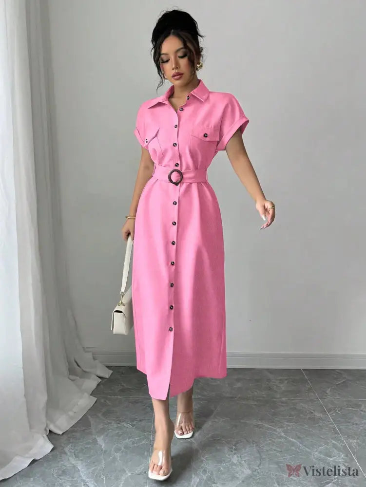 Vestido Longo Chemise Com Cinto De Fivela Elegante Vestido Longo Chemise Com Cinto De Fivela Elegante