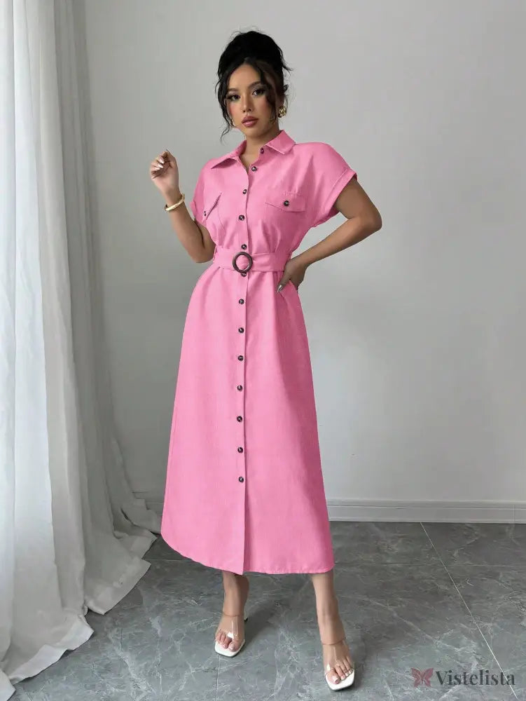 Vestido Longo Chemise Com Cinto De Fivela Elegante Vestido Longo Chemise Com Cinto De Fivela Elegante