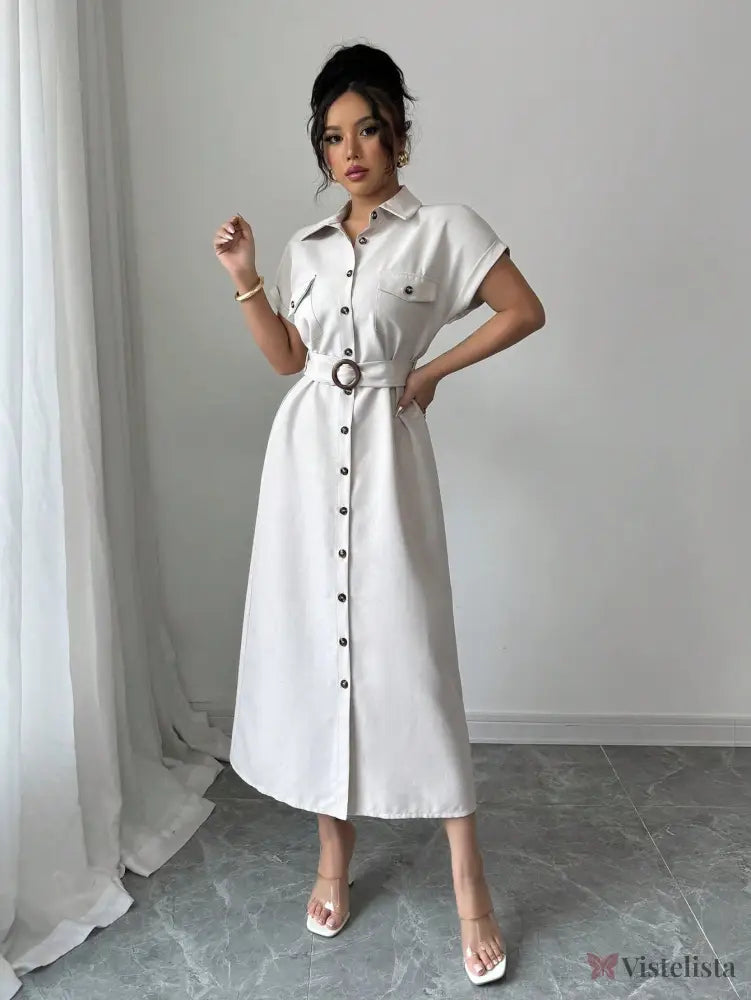 Vestido Longo Chemise Com Cinto De Fivela Elegante Vestido Longo Chemise Com Cinto De Fivela Elegante