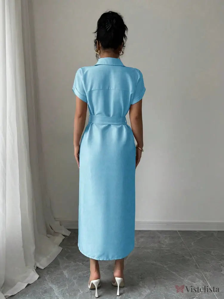 Vestido Longo Chemise Com Cinto De Fivela Elegante Vestido Longo Chemise Com Cinto De Fivela Elegante