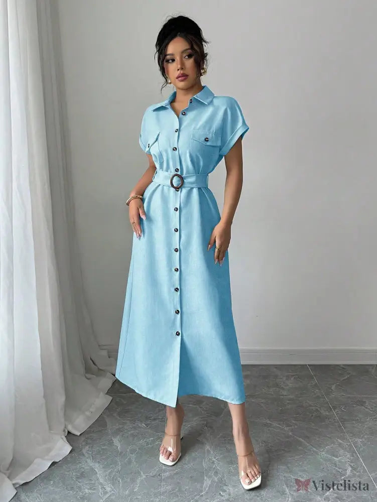 Vestido Longo Chemise Com Cinto De Fivela Elegante Vestido Longo Chemise Com Cinto De Fivela Elegante