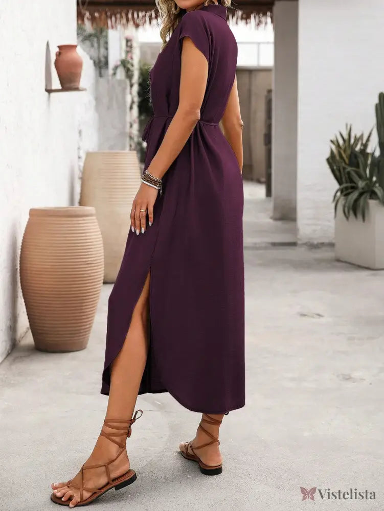 Vestido Longo Chemise Com Fenda Frontal E Botões Vestido Longo Chemise Com Fenda Frontal E Botões