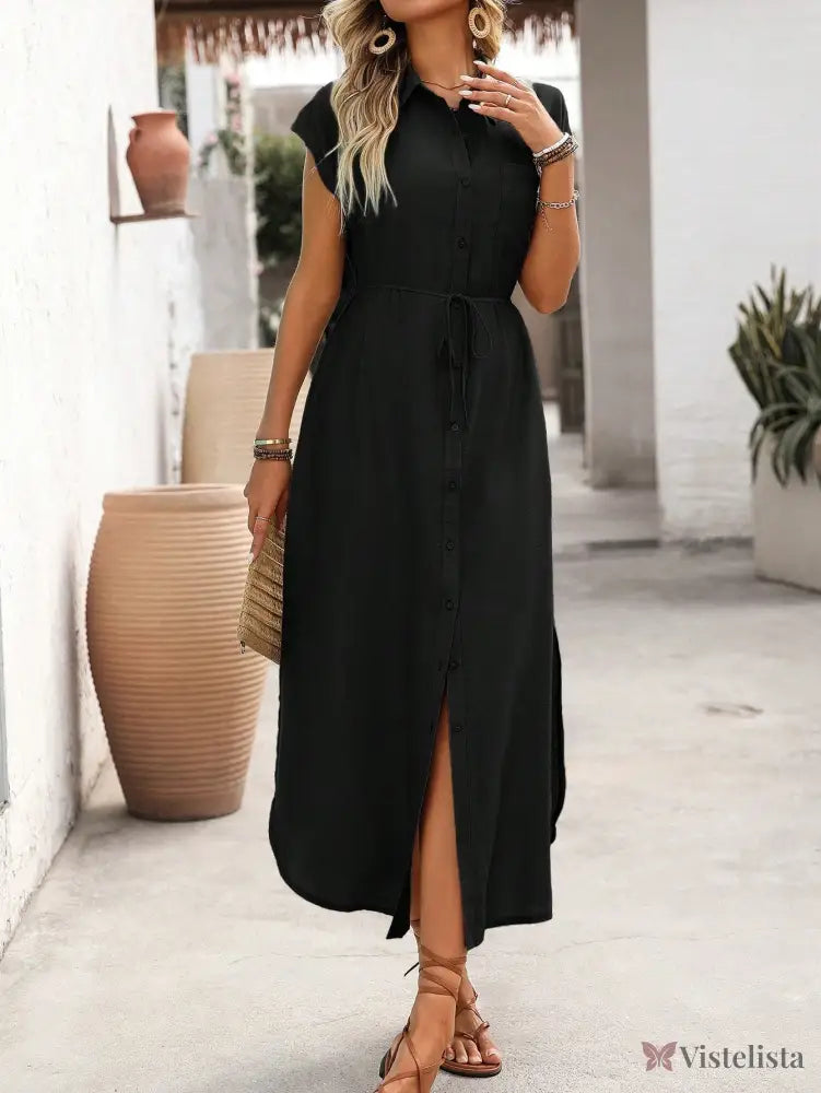 Vestido Longo Chemise Com Fenda Frontal E Botões Vestido Longo Chemise Com Fenda Frontal E Botões