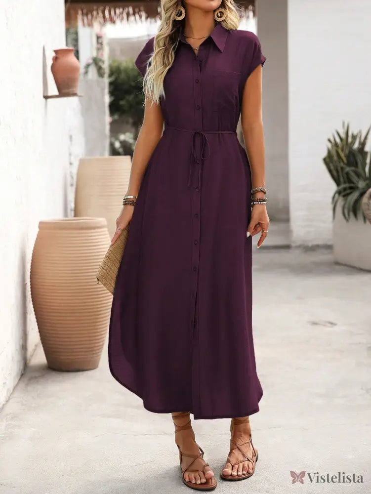 Vestido Longo Chemise Com Fenda Frontal E Botões Vestido Longo Chemise Com Fenda Frontal E Botões