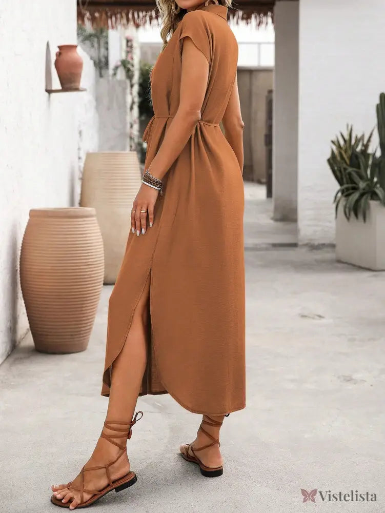 Vestido Longo Chemise Com Fenda Frontal E Botões Vestido Longo Chemise Com Fenda Frontal E Botões