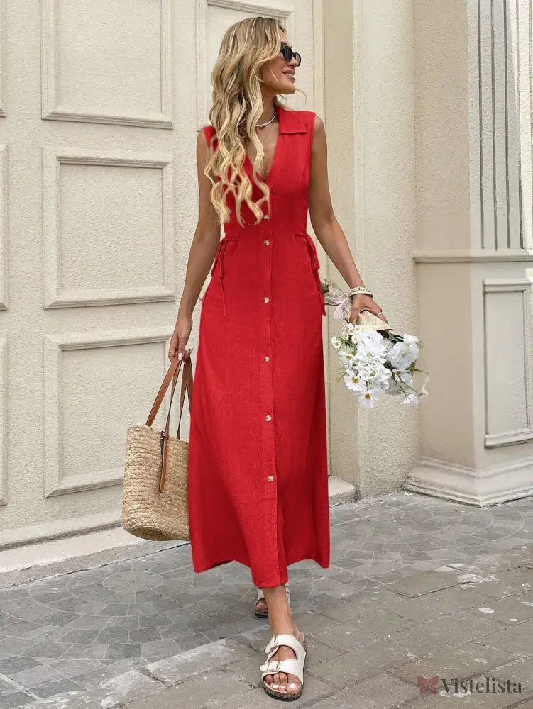 Vestido Longo Chemise Em Linho Com Botões Frontais Vestido Longo Chemise Em Linho Com Botões Frontais