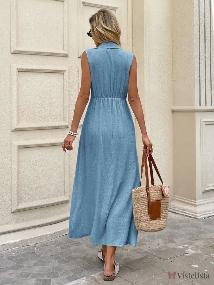 Vestido Longo Chemise Em Linho Com Botões Frontais Vestido Longo Chemise Em Linho Com Botões Frontais