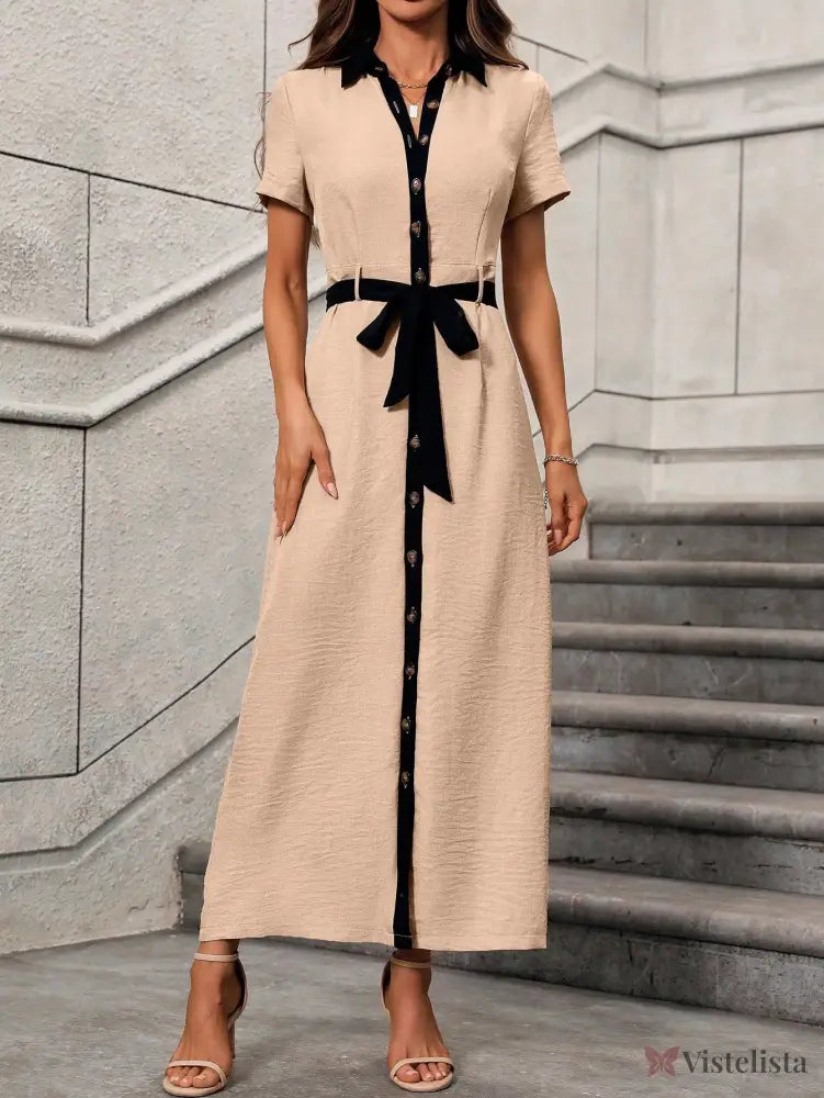 Vestido Longo Chemise Estilo Moderno Com Fenda Frontal Vestido Longo Chemise Estilo Moderno Com Fenda Frontal
