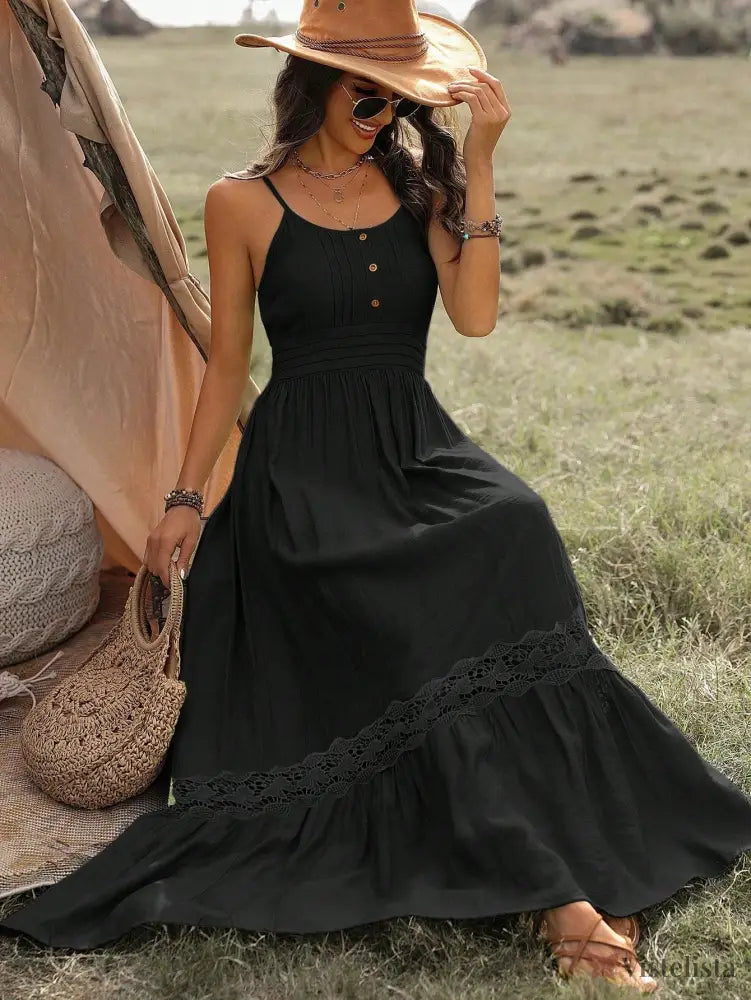 Vestido Longo De Alça Com Detalhe Rendado Boho Vestido Longo De Alça Com Detalhe Rendado Boho
