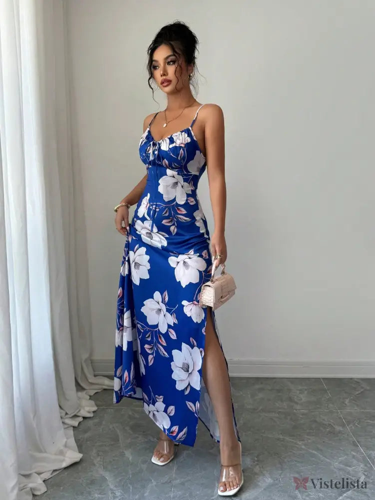 Vestido Longo De Alças Ajustáveis Estampado Floral Elegante Vestido Longo De Alças Ajustáveis Estampado Floral Elegante