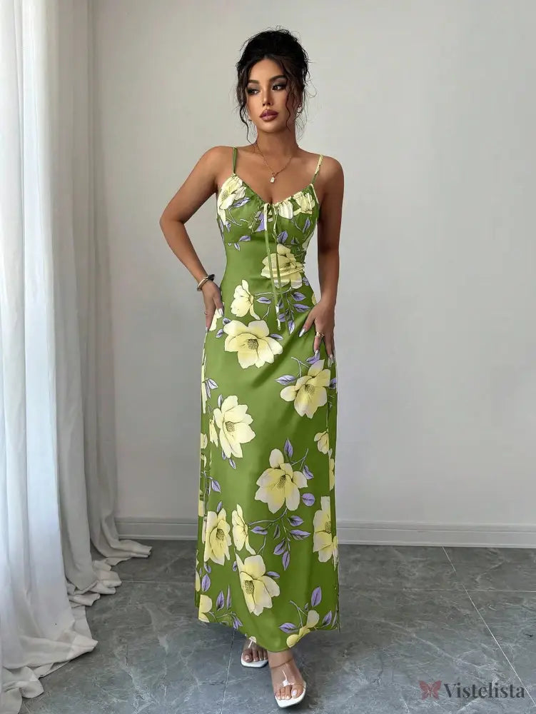 Vestido Longo De Alças Ajustáveis Estampado Floral Elegante Vestido Longo De Alças Ajustáveis Estampado Floral Elegante