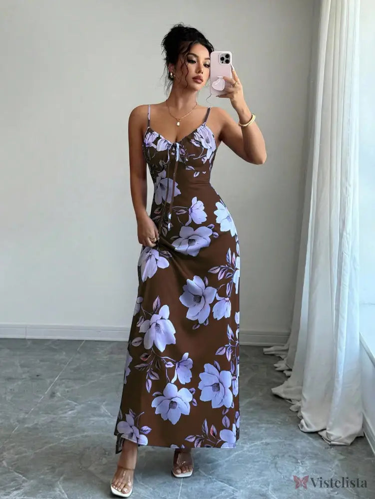 Vestido Longo De Alças Ajustáveis Estampado Floral Elegante Vestido Longo De Alças Ajustáveis Estampado Floral Elegante