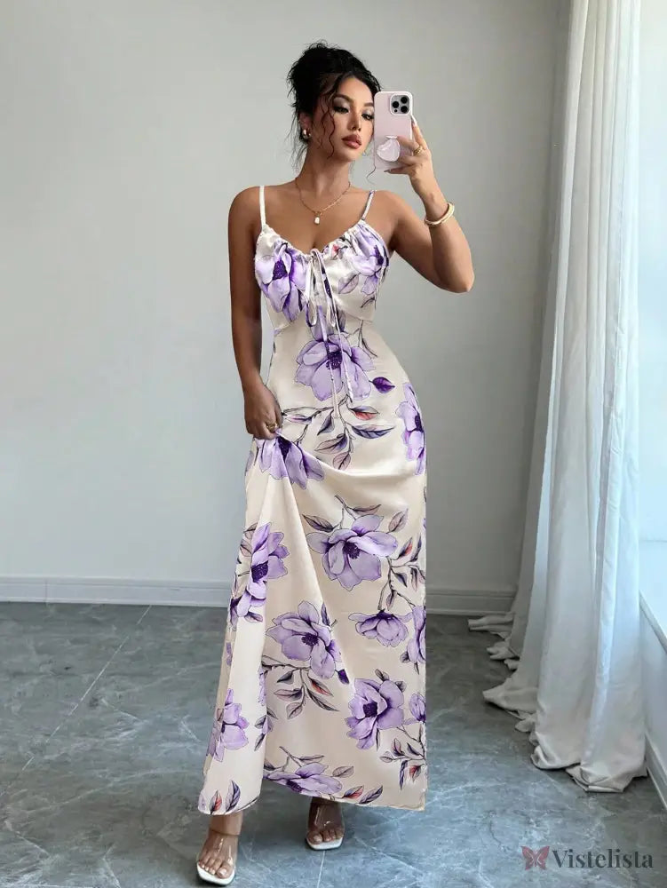 Vestido Longo De Alças Ajustáveis Estampado Floral Elegante Vestido Longo De Alças Ajustáveis Estampado Floral Elegante