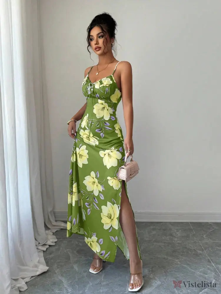 Vestido Longo De Alças Ajustáveis Estampado Floral Elegante Vestido Longo De Alças Ajustáveis Estampado Floral Elegante