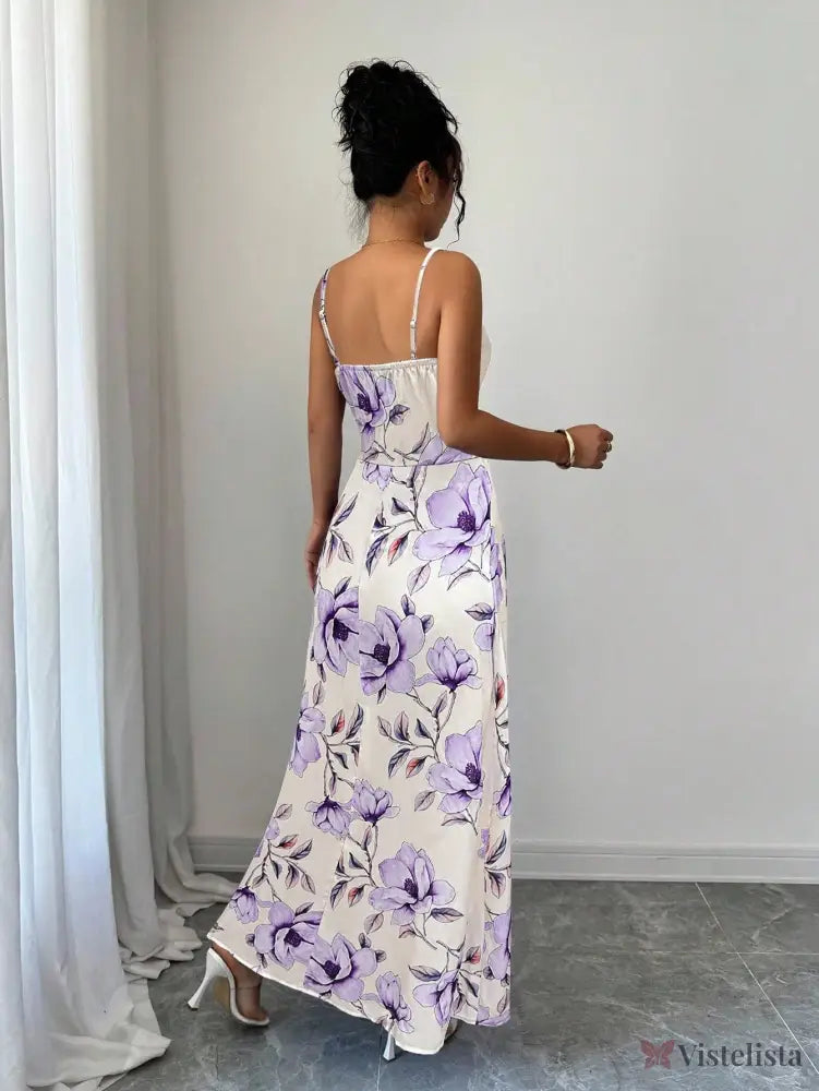 Vestido Longo De Alças Ajustáveis Estampado Floral Elegante Vestido Longo De Alças Ajustáveis Estampado Floral Elegante