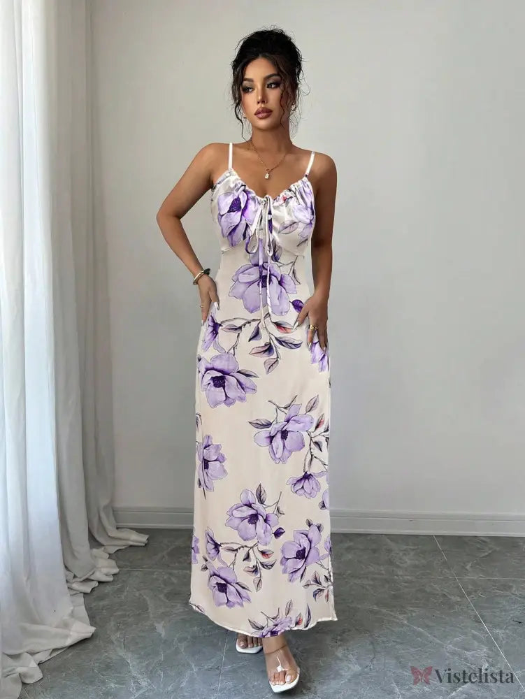Vestido Longo De Alças Ajustáveis Estampado Floral Elegante Vestido Longo De Alças Ajustáveis Estampado Floral Elegante