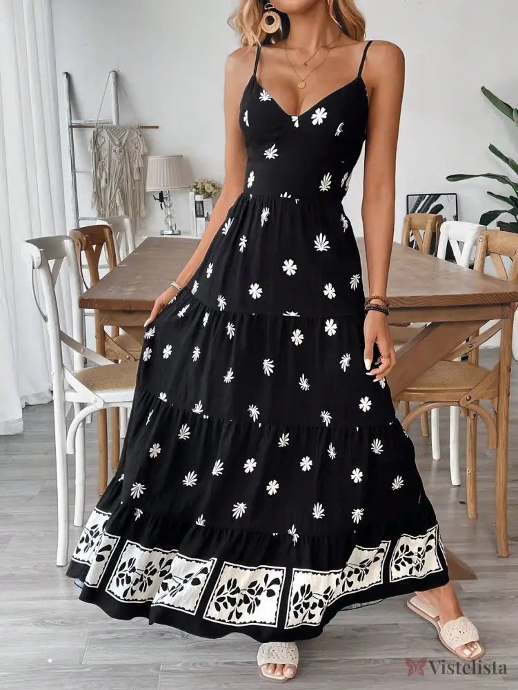 Vestido Longo De Alças Com Estampa Floral E Laço Nas Costas Vestido Longo De Alças Com Estampa Floral E Laço Nas Costas
