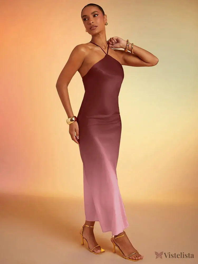 Vestido Longo de Alças Finas em Cetim Degradê Elegante Vestido Longo de Alças Finas em Cetim Degradê Elegante