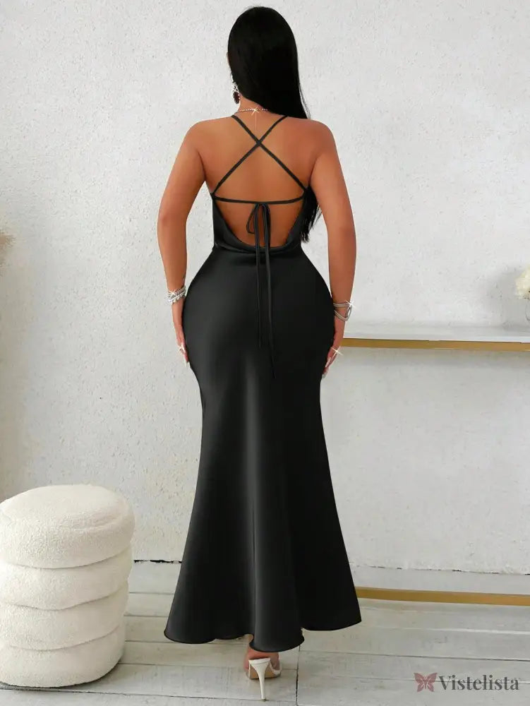 Vestido Longo De Cetim Com Decote Draped Vestido Longo De Cetim Com Decote Draped