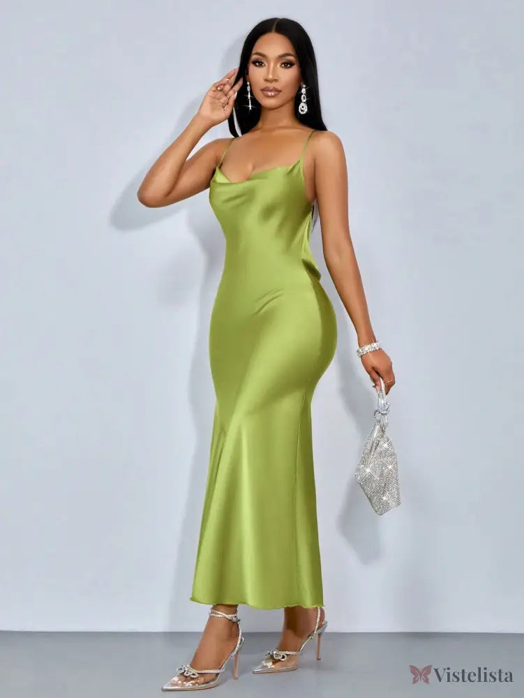 Vestido Longo De Cetim Com Decote Draped Vestido Longo De Cetim Com Decote Draped
