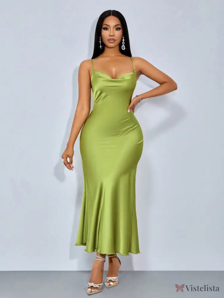 Vestido Longo De Cetim Com Decote Draped Vestido Longo De Cetim Com Decote Draped