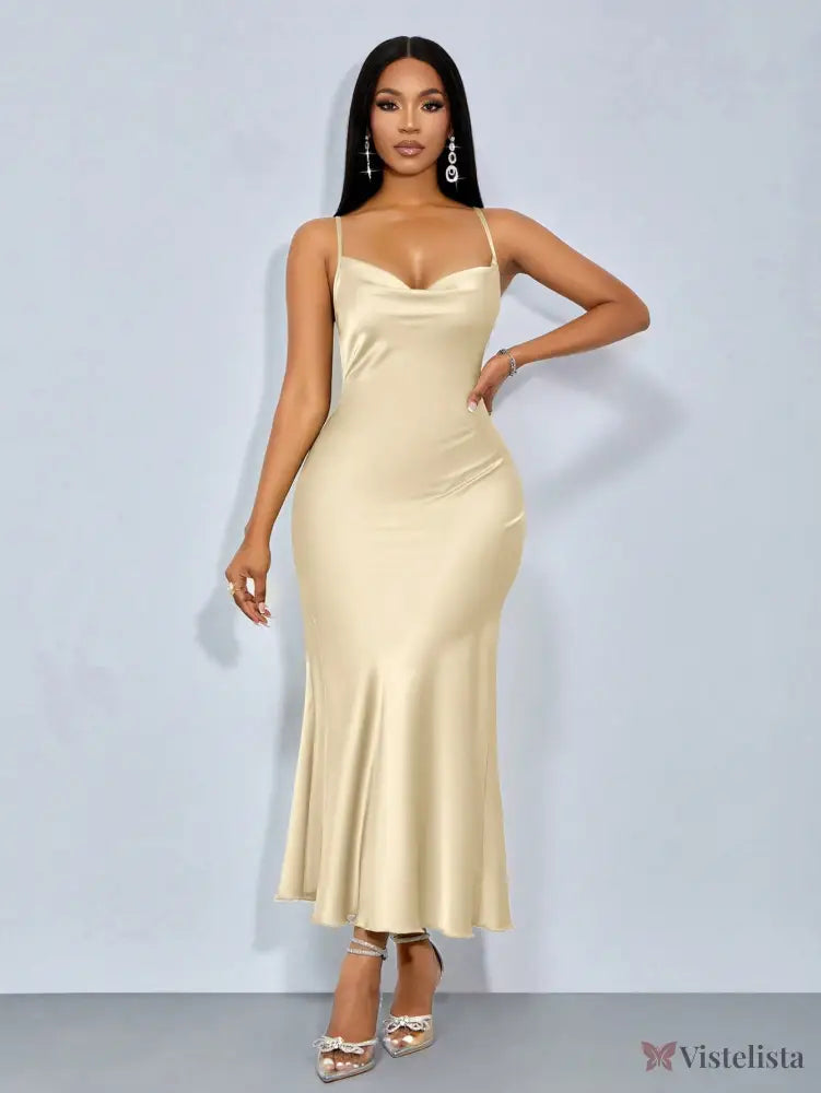 Vestido Longo De Cetim Com Decote Draped Vestido Longo De Cetim Com Decote Draped