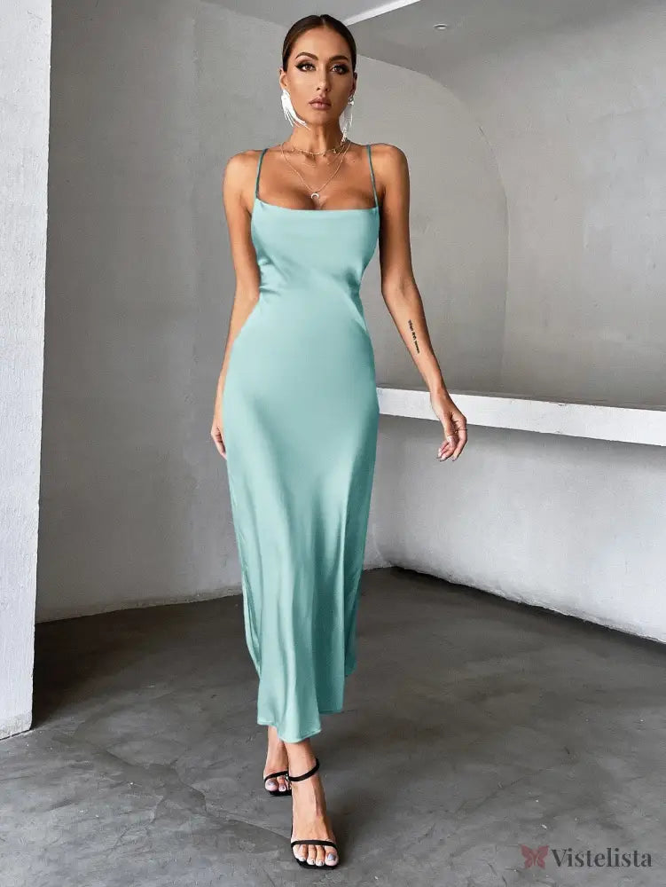 Vestido Longo De Cetim Minimalista Com Alças Finas Vestido Longo De Cetim Minimalista Com Alças Finas