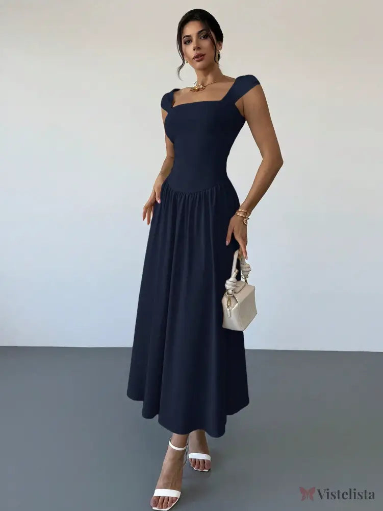 Vestido Longo Decote Quadrado Com Mangas Curtas Elegante Vestido Longo Decote Quadrado Com Mangas Curtas Elegante